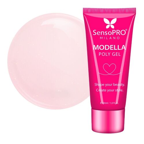 SensoPRO Milano Modella Polygél Blush színben, 30 ml-es tubus, átlátszó rózsaszín gélszínmintával fehér háttéren, professzionális és otthoni körömhosszabbításhoz és formázáshoz - Műköröm építő zselé