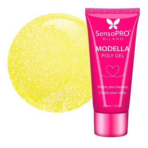 Polygel MODELLA SensoPRO Milano Solar Glow, 30 ml-es tubus élénksárga csillogó polygel mintával fehér háttéren, körömépítő termék - Műköröm építő zselé