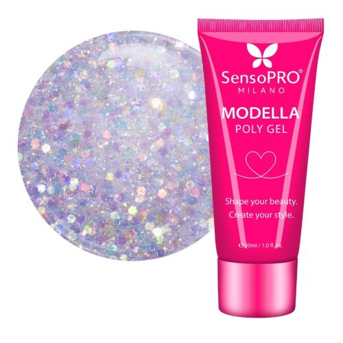 SensoPRO Milano MODELLA Polygel Starlit Opal színben, csillogó, glitteres körömhosszabbító gél rózsaszín tubusban, mintával, amely megmutatja a csillogó textúráját - Műköröm építő zselé