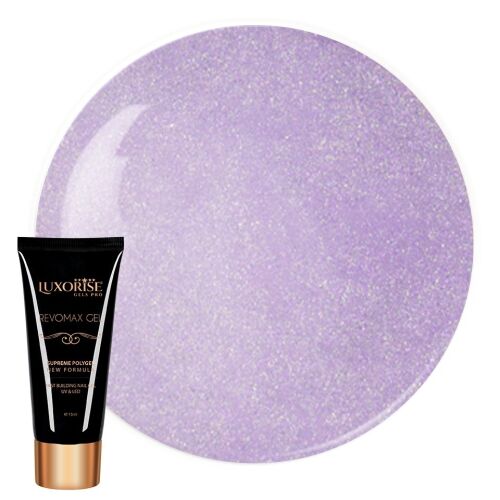 Luxorise REVOMAX GEL Brilliant Orchid poligél 15ml tubus csillogó világoslila gél mintával fehér háttéren - Akrilzselé