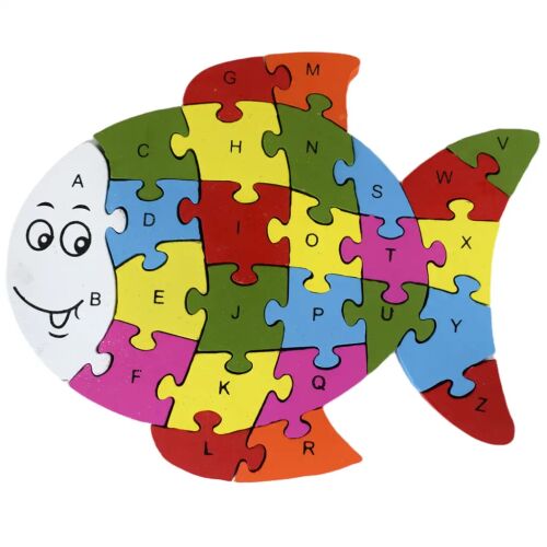 ABC - 123 halas fa oktató puzzle, színes fa halas puzzle ABC betűkkel korai tanuláshoz, elölnézet, ABC tanuló játék - Baba puzzle