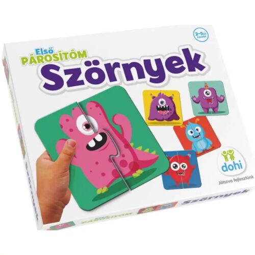 Első párosítóm - Szörnyek párosító játék kisgyerekeknek, amin egy gyerek keze tart egy rózsaszín szörny puzzle darabot, további színes szörnyes puzzle-okkal a játék dobozán - Babajáték