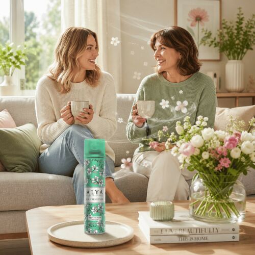 Alya Spring Blossom légfrissítő spray 300 ml egy dohányzóasztalon egy hangulatos nappaliban, két beszélgető nővel és virágcsokorral, frissességet és komfortot sugározva - Légfrissítő spray