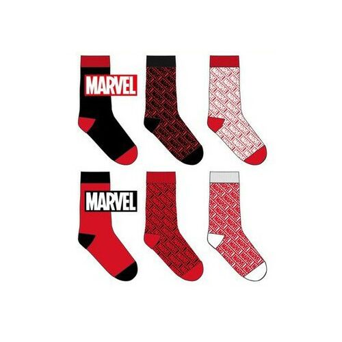 Marvel Red férfi zokni, három pár egy csomagban, fekete és piros mintákkal, Marvel logóval és ismétlődő mintákkal, 39-46-os méretben. - Férfiaknak