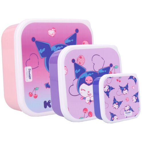 Hello Kitty Kuromi 3 az 1-ben uzsonnás doboz szett rózsaszín és lila tárolókkal, Kuromi és cseresznye mintákkal, ideális gyermekek uzsonnájához és étkezéséhez, ferde nézet fehér háttéren - Etetés