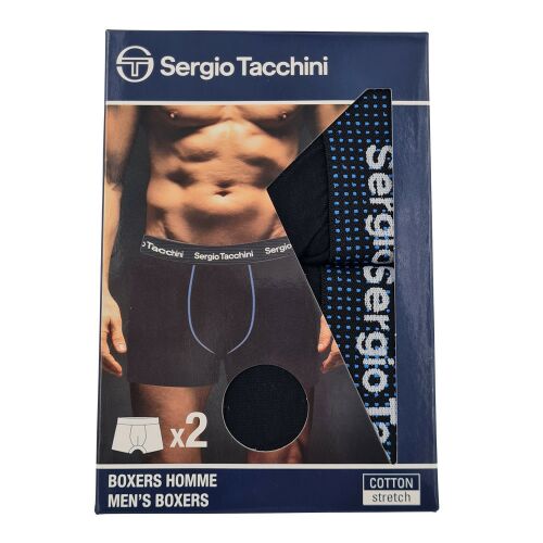Sergio Tacchini férfi 2 darabos pamut sztreccs boxeralsó eredeti csomagolásban, egy fekete boxer márkajelzéssel látható - Férfiaknak