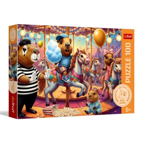 Trefl Kapibara Vakáció 100 darabos puzzle doboz, vidám vidámparki jelenettel, körhintán ülő kapibarákkal, pattogatott kukoricával és léggömbökkel - Puzzle és kirakó