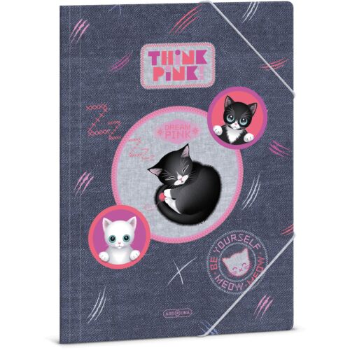 Think Pink cicás gumis mappa A4 Ars Una, három rajzfilm macskával, farmerhatású háttérrel, rózsaszín díszítésekkel. - Iratrendezés