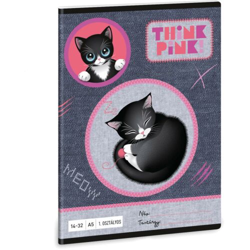 Think Pink Ars Una A5 vonalas füzet fekete-fehér cicákkal, farmerhatású borítóval - Füzet
