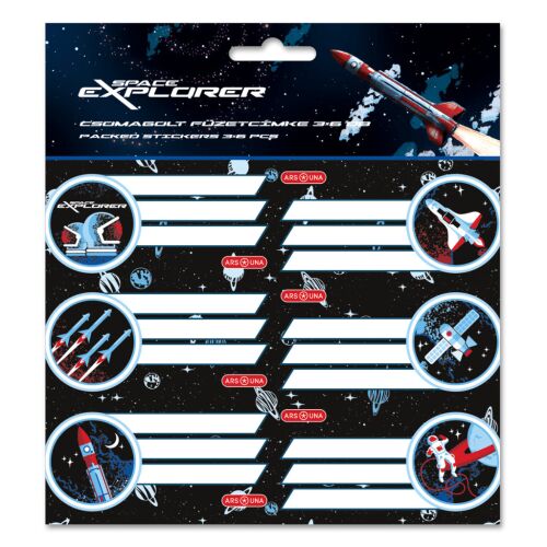 Space Explorer füzetcímke készlet Ars Una, 18 darab öntapadós címke űrtémájú mintákkal és rakétával a csomagoláson. - Füzetcímke