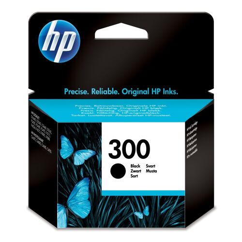 HP 300/CC640EE fekete eredeti tintapatron csomagolása, HP logóval, '300' sorozatszámmal és 'Black' színjelzéssel. - Tintapatron