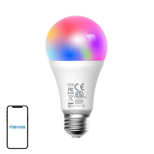 Meross MSL120 WiFi okos LED izzó HomeKit kompatibilis, több élénk színben világít, bal alsó sarokban Meross alkalmazás ikonnal, fehér háttéren - Izzó