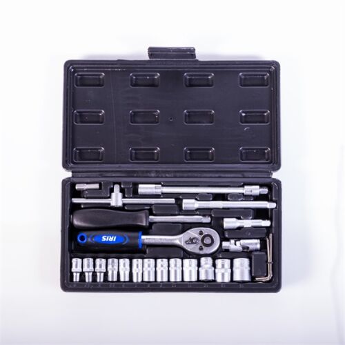 IRIS TOOLS SS-025-011 25 darabos dugókulcs készlet 1/4 hüvelykes, nyitva fekete tokban, felülről nézve - IRIS TOOLS