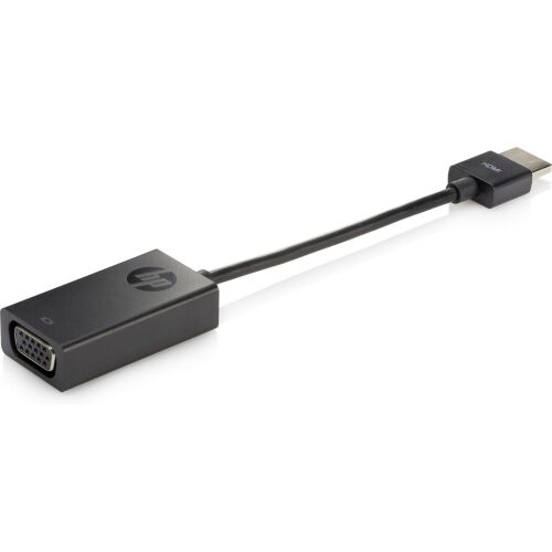 HP HDMI VGA átalakító, ferde nézet, fekete, HDMI csatlakozóval és VGA aljzattal, HDMI eszköz VGA kijelzőhöz való csatlakoztatásához - HDMI átalakító