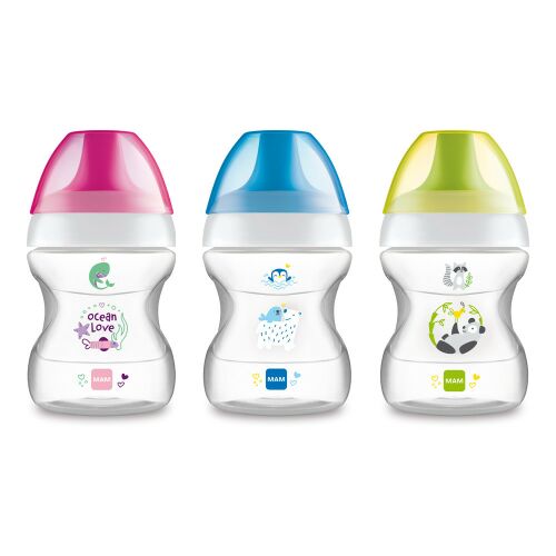 Három MAM ivópohár Learn to Drink Cup 190ml rózsaszín, kék és zöld színben, különböző állatos mintákkal fehér háttérrel - Itatópohár