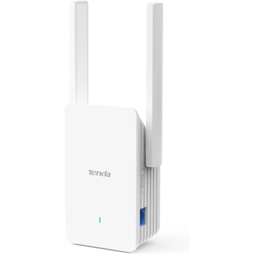 Tenda A23 kétsávos Wi-Fi 6 hatótávolság-kiterjesztő fehér, döntött nézet, Ethernet porttal - Access Point