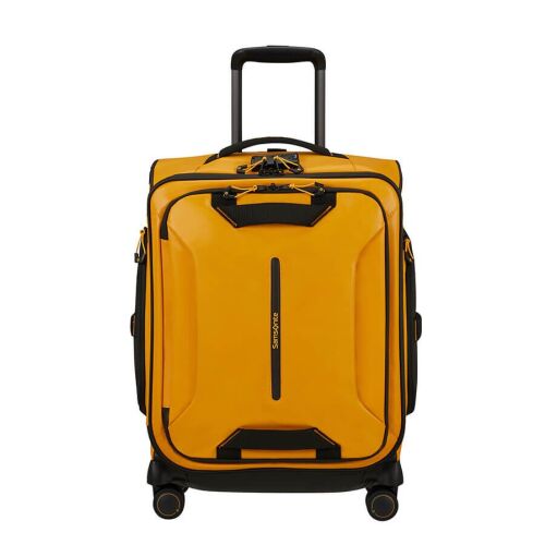 Samsonite Ecodiver kerekes utazótáska, sárga színű, elölnézet, kihúzott húzófüllel, ideális utazáshoz - Divat és öltözködés