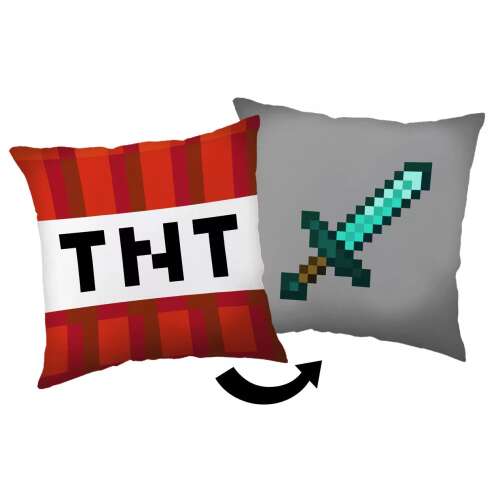 Vankúš Minecraft TNT Sword, 40x40 cm, obojstranný, červený a sivý, s dizajnom TNT a meča