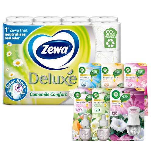 Zewa Deluxe Camomile Comfort 3 rétegű Toalettpapír 24 tekercs + Air Wick Electrical Csomag