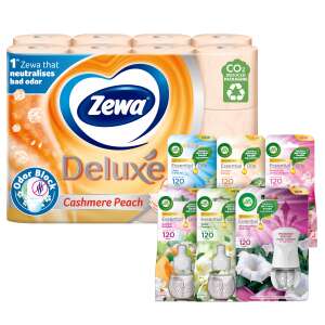 Zewa Deluxe Kaschmir Pfirsich 3 Lagen Toilettenpapier 24 Rollen + Air Wick Elektrisches Paket 93349572 Toilettenpapier