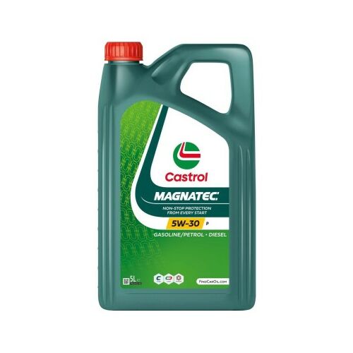 Castrol Magnatec 5W-30 P 5L autómotorolaj flakon benzin- és dízelmotorokhoz, elölnézet fehér háttéren - Castrol