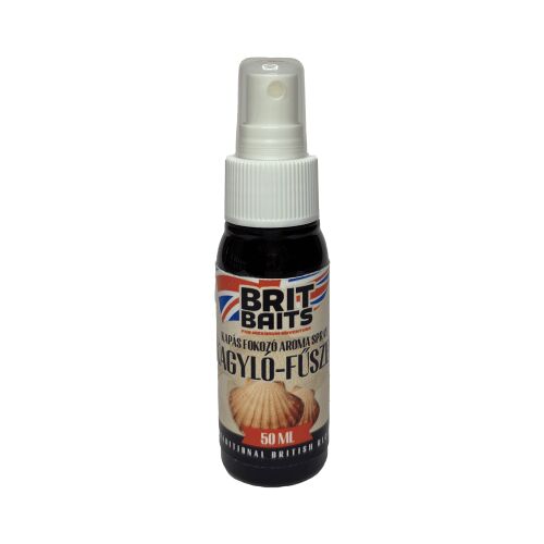 BritBaits Spray Kagyló-Fűszer 50ml, kapás fokozó aroma spray horgászathoz, fehér kupak és sötét flakon kagyló képpel és BritBaits logóval - Aroma spray
