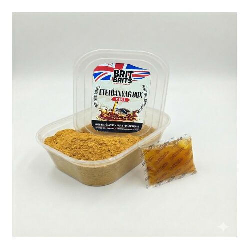 BritBaits Etetőanyag Box Méz-Vajsav 400g Power Liquiddel, döntött nézet, kicsomagolva, fehér háttérrel 