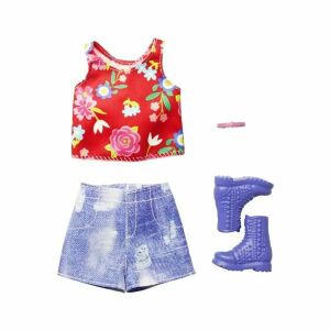 Set de haine Barbie: Maiou floral, pantaloni scurți din denim și cizme mov - Barbie Baba