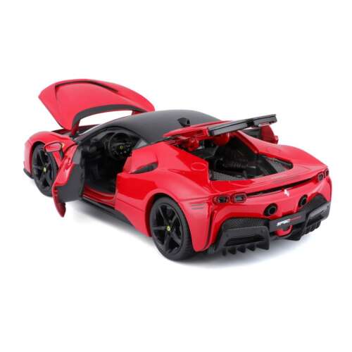 Bburago 1/18 scale diecast model car, Ferrari SF90 Stradale, red, with open doors, hood, and trunk
