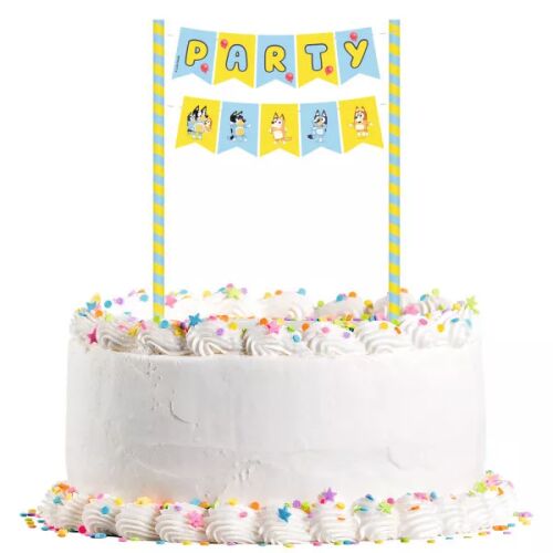 Bluey 'PARTY' torta dekoráció karakter zászlókkal, fehér tortán színes cukorszórással, 26 cm - Party kellék