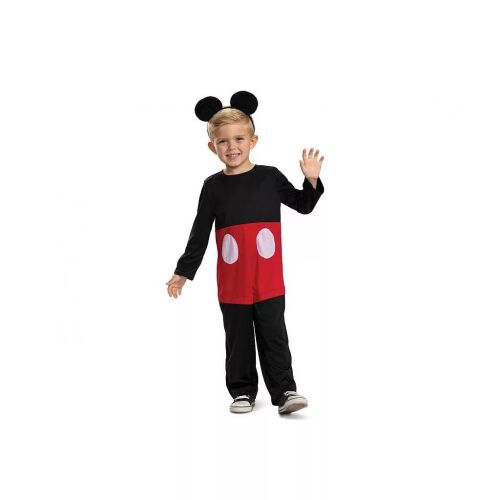 Teljes nézet egy 5-6 éves gyermekről, aki a teljes Disney Mickey Classic jelmezt viseli, beleértve az overállt és a Mickey egér füles fejpántot - Játék