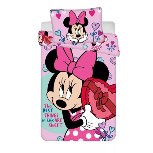 Disney Minnie Sweets gyerek ovis ágyneműhuzat szett, 100x135 cm és 40x60 cm, Minnie egérrel, amint egy szív alakú dobozt tart - Ágynemű - ovi