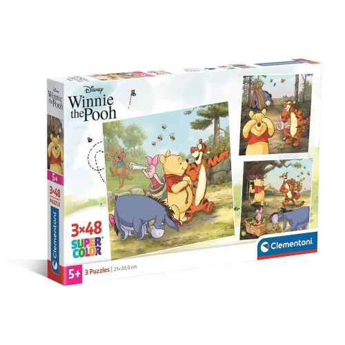 Disney Micimackó Mézesfa 3x48 darabos Clementoni puzzle csomagolás, többféle puzzle mintát és márkajelzést mutat, 5 éves kortól ajánlott. - Puzzle és kirakó