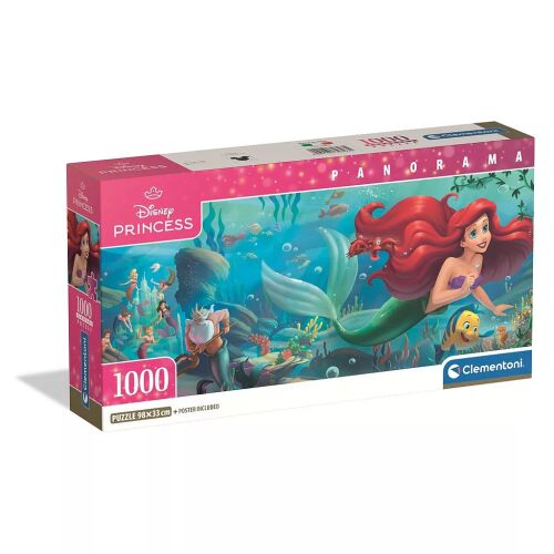 Disney Hercegnők Ariel 1000 darabos panoráma kompakt puzzle Clementonitól az eredeti kiskereskedelmi dobozában, melyen Ariel, Fllounder és más sellők élénk víz alatti grafikája látható. - Játék