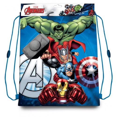 Bosszúállók Hero Team sporttáska tornazsák gyerekeknek Hulk, Thor, Amerika Kapitány és Vasember karakterekkel, 40 cm, elölnézet fehér háttérrel - Tornazsák