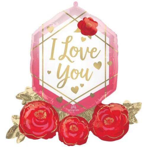 I Love You rózsa fólia lufi 76 cm, rózsaszín és arany hatszögletű lufi vörös rózsákkal és szívekkel, Valentin napra vagy évfordulóra tökéletes - Lufi