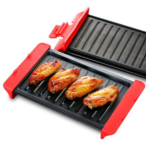 Mikrózható melegszendvics sütő és grill csirkeszárnyakkal, piros és fekete design, egyszerű mikrohullámú sütés - Mikrohullámú sütő kiegészítő