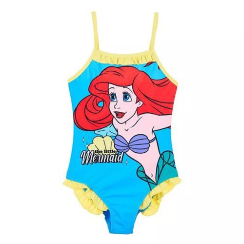 Disney Hercegnők Ariel kék gyerek fürdőruha, 3 év / 98 cm, elölnézet, Ariel a Hableányból illusztrációval és sárga fodros részletekkel - Gyerek fürdőruha