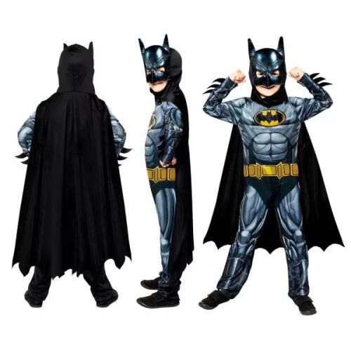 Kollázs egy gyerekről, aki Batman Guardian jelmezt visel elölről, oldalról és hátulról, fekete köpennyel és maszkkal, fehér háttéren - Játék