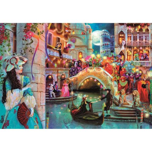 Clementoni Karnevál Moon 1000 darabos puzzle részletes illusztrációval egy velencei karról éjszaka, mulatozókkal, híddal és gondolákkal telihold alatt, gazdag színekkel és bonyolult részletekkel. - Játék