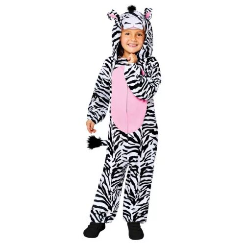 Elölnézet egy mosolygó gyermekről, aki teljes Zebra Streaky jelmezt visel, 8-10 éves méret, tökéletes beöltözéshez - Játék