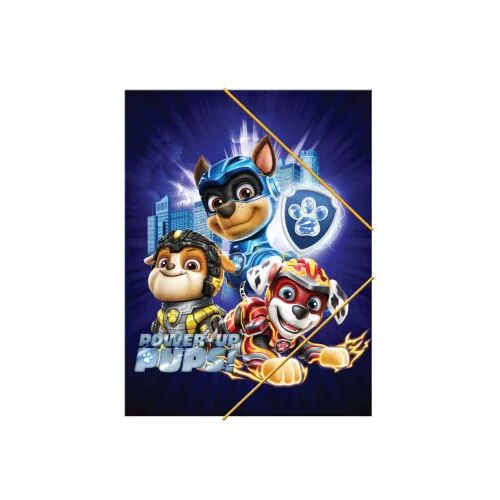 Mancs Őrjárat Power Up A4 gumis mappa, melyen Chase, Rubble és Marshall szuperhős jelmezben látható a Paw Patrol: Power Up Pups sorozatból, sötétkék háttéren városi sziluettekkel. - Irodaszer