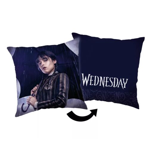 Wednesday Rain díszpárna 40x40 cm Wednesday Addams-szel esernyővel, megfordítható design Wednesday logóval sötétkék alapon - Díszpárna