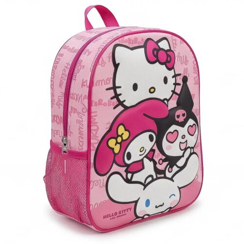 Ferdeszögű nézet a Hello Kitty Kawaii Cuties 3D hátizsákról, rózsaszín Hello Kitty, My Melody, Kuromi és Cinnamoroll karakterekkel, 30 cm - Irodaszer és írószer