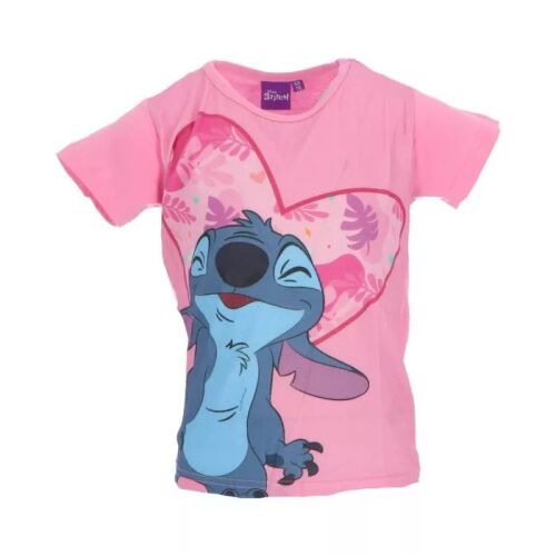 Disney Lilo és Stitch A csillagkutya Fun világos rózsaszín gyerek rövid ujjú póló Stitch grafikával rózsaszín szív háttéren, 4 év / 104 cm - Baba és tipegő