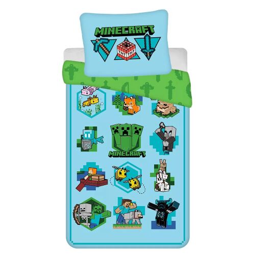 Minecraft Icons ágyneműhuzat garnitúra gyerekeknek, kék és zöld színben, különböző Minecraft karakterekkel, mint Creeper, róka, Allay, Warden, Zombi, és a Minecraft logóval, 140x200cm és 70x90cm méretben - Ágynemű