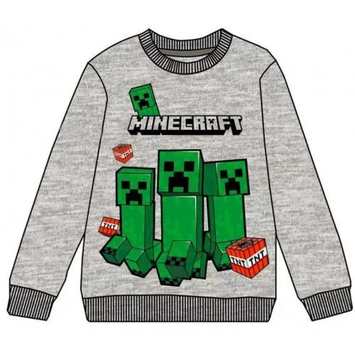 Minecraft Creeper Crew gyerek szürke hosszú ujjú pulóver karakteres mintával, fehér háttérrel - Gyerek pulóver