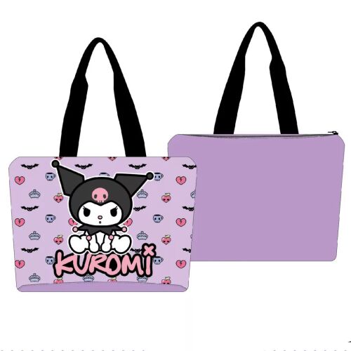 Hello Kitty Kuromi strandtáska, 47 cm, kollázs elölnézet és hátulnézet a karakter grafikával és sima hátoldallal - Strandtáska