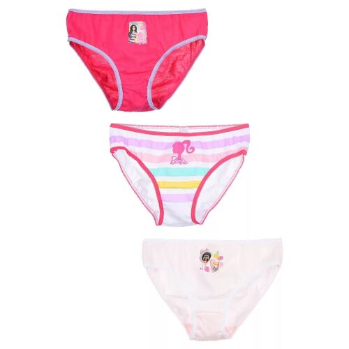 Három Barbie Summer Style gyerek bugyi 6-8 éveseknek (116-128 cm), egyenként rózsaszín, csíkos és világos színű mintákat mutat Barbie motívumokkal, kicsomagolva - Gyerek bugyi, alsónadrág