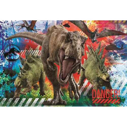 Clementoni Dinoszaurusz Danger 60 darabos maxi puzzle Tyrannosaurus Rex-szel, két Stegosaurusszal és Pteranodonokkal egy élénk Jurassic World jelenetben, 'DANGER!' felirattal - Játék